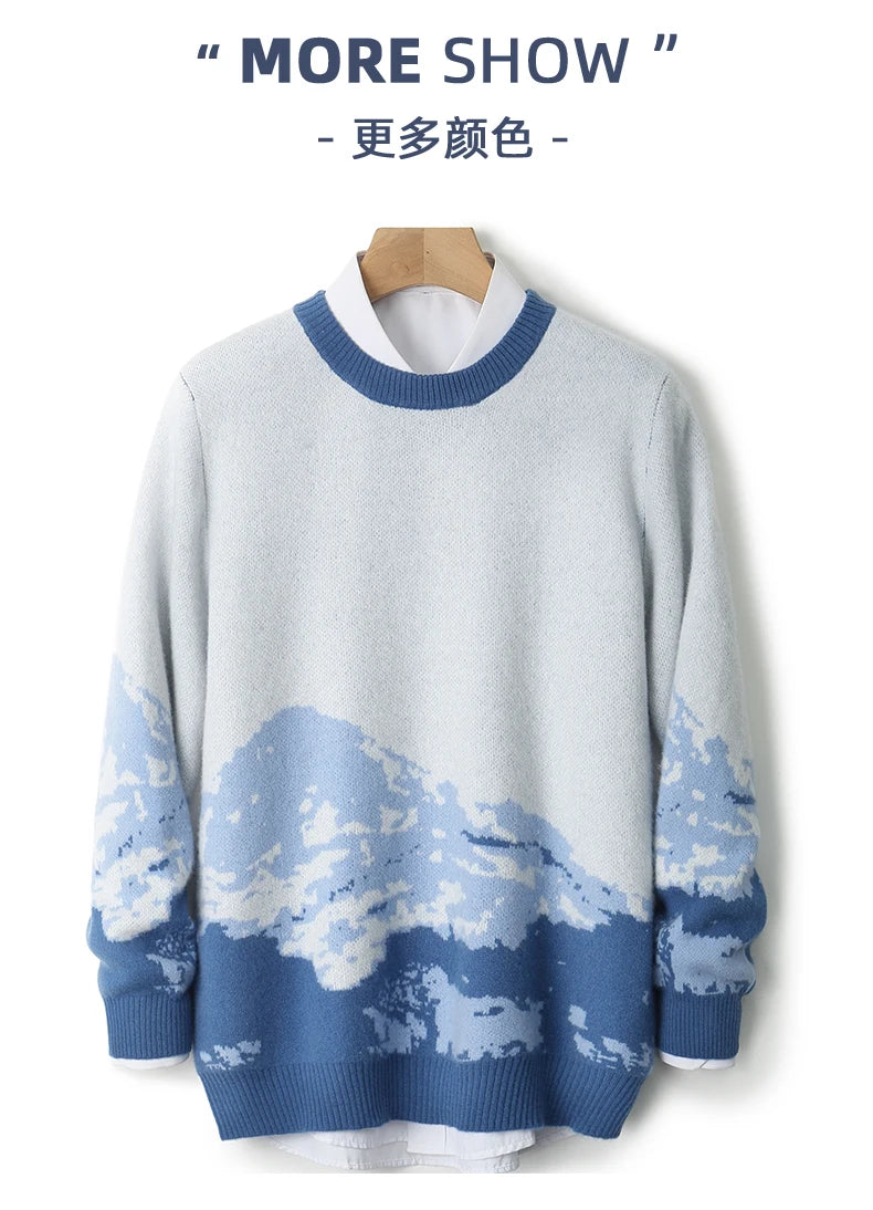 Autumn/Winter New 100% Merino Wool Knit Sweater Men's O-Neck Color Block Cashmere Pullover Business Casual Thick Long-Sleeved