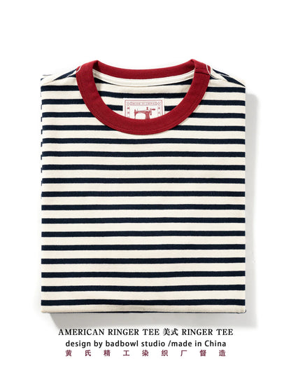 Summer new pure cotton T-shirt men's American retro contrasting shirt versatile couple short sleeved T-shirt striped base shirt