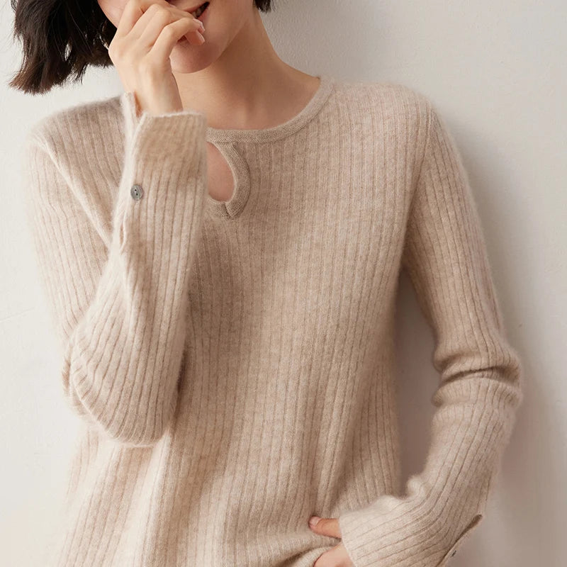 CHICUU Women's 100% Cashmere Knit Pullover Sweater Cut Out Collar Long Sleeve Pullover Autumn Winter Basic Cashmere Knitwear Top