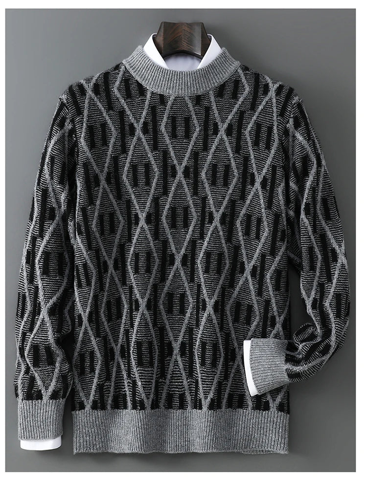New 100% Pure Wool Cashmere Men's Mock-Neck Pullover Autumn And Winter Color Matching Top Casual Thick Fashion Large Size Jacket