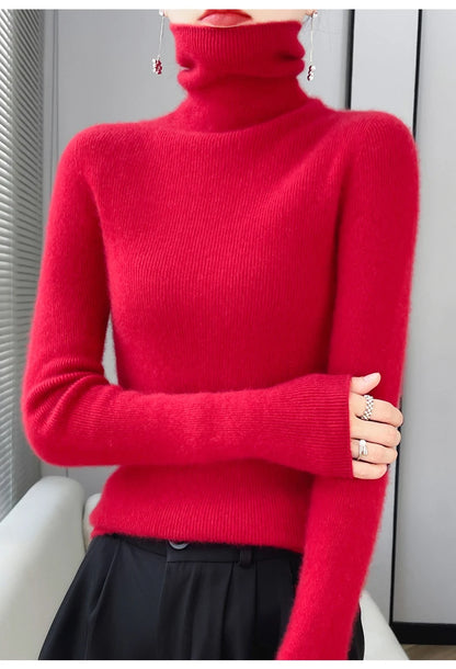 100% Merino Wool Long-sleeved Turtleneck Pullover Women's Autumn Winter Slim Sweater Basic Women's Clothes Cashmere Sweater