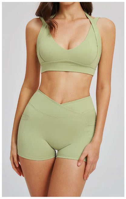 TRY TO BN Women's Tracksuit Shorts Sports Gym Set Halter Neck Fitness Cross Waisted Short Running Two Pieces Suits Yoga Clothing