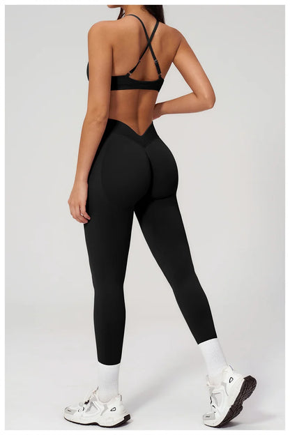 TRY TO BN Women Tracksuit 2 Piece Yoga Set Cross Bra High Waist V Waist Leggings Tummy Control Butt Lifting Workout Running Gym