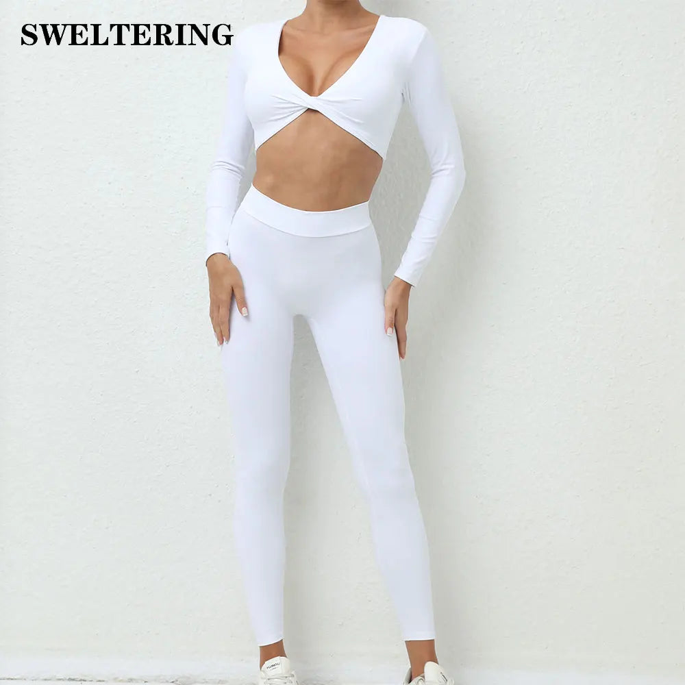 Yoga Set Women Clothes Workout Set 2 Pieces Sportswear Gym Clothing Fitness Long Sleeve Crop Top High Waist Leggings Sports Suit