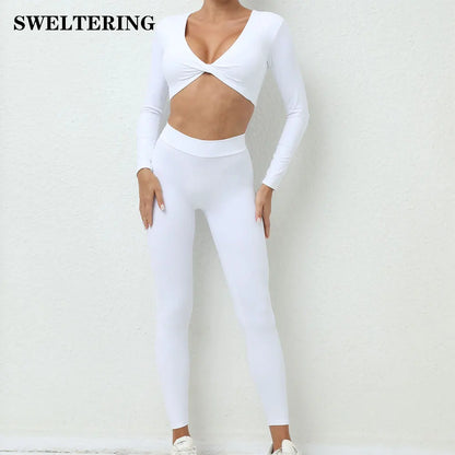 Yoga Set Women Clothes Workout Set 2 Pieces Sportswear Gym Clothing Fitness Long Sleeve Crop Top High Waist Leggings Sports Suit