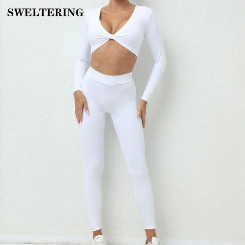 Yoga Set Women Clothes Workout Set 2 Pieces Sportswear Gym Clothing Fitness Long Sleeve Crop Top High Waist Leggings Sports Suit