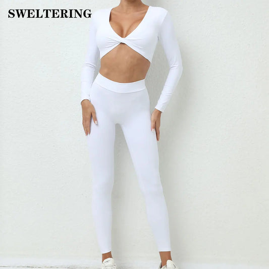 Yoga Set Women Clothes Workout Set 2 Pieces Sportswear Gym Clothing Fitness Long Sleeve Crop Top High Waist Leggings Sports Suit