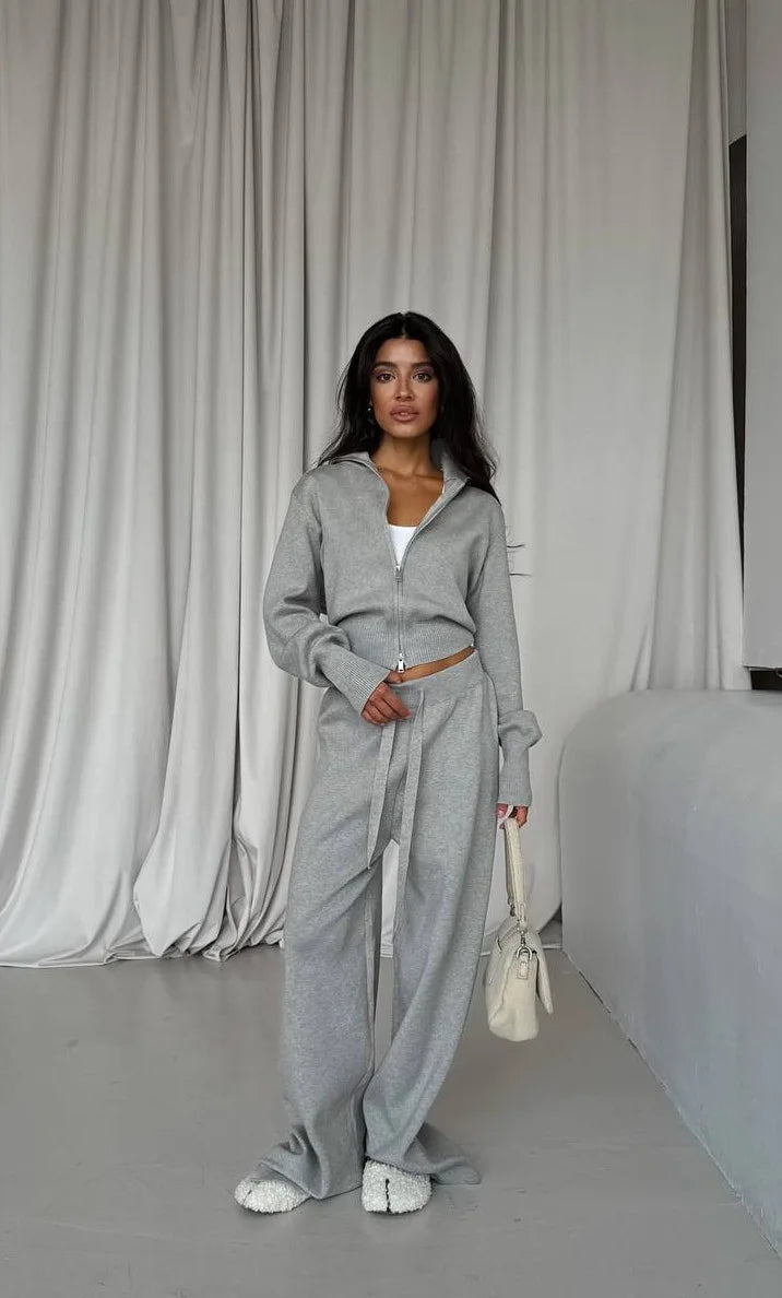 Women Cotton Knitted Cardigan Wide Leg Pants Suit Autumn and Winter Lady  Fashion Loose Daily Office Jacket Straight Pants 2Pcs