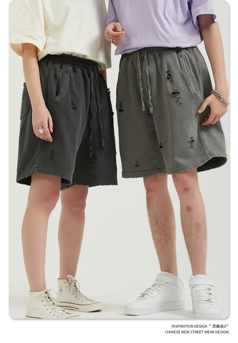 Customized LOGO Men's Heavy 100% Cotton High Street Wind Wash Old Loose Cut Couple Retro Shorts