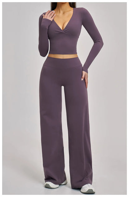 2PCS Yoga Set Women Tracksuits Workout Outfits Sportswear Gym Clothing Female Fitness Long Sleeve High Waist Leggings Yoga Suit
