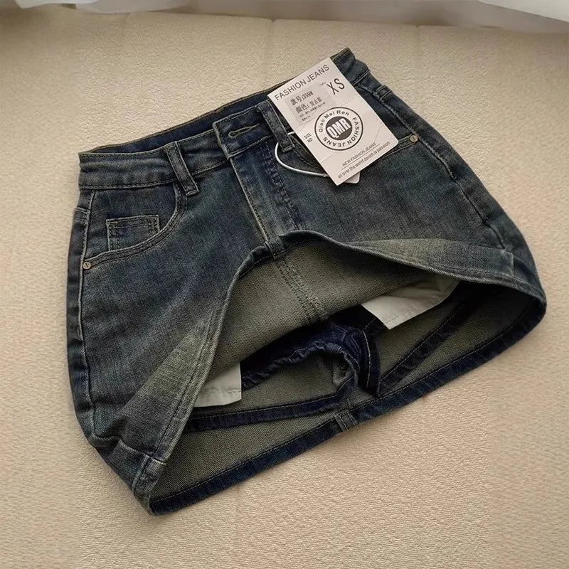 Sexy Retro Denim  Skirt Women's Anti-Light Versatile High Waist A-Line Slimming American Hot Girl Bodycon Half-length Ski...