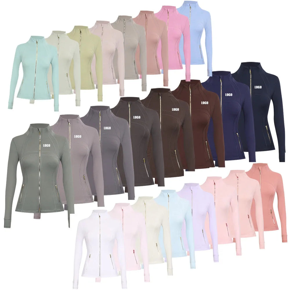 Personalized LOGO custom women's gold zip jacket tight stand-up collar quick-drying fitness running yoga suit 41-color S-3XL top