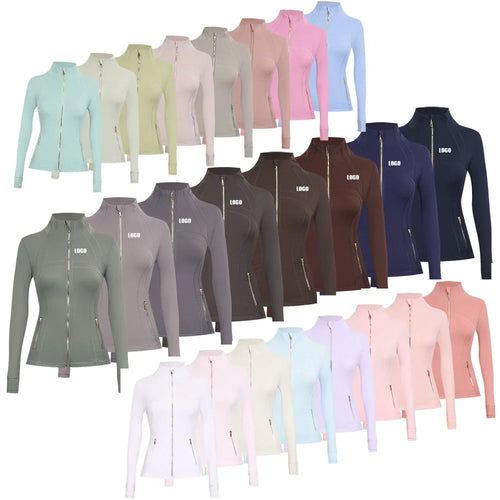 Personalized LOGO custom women's gold zip jacket tight stand-up collar quick-drying fitness running yoga suit 41-color S-3XL top