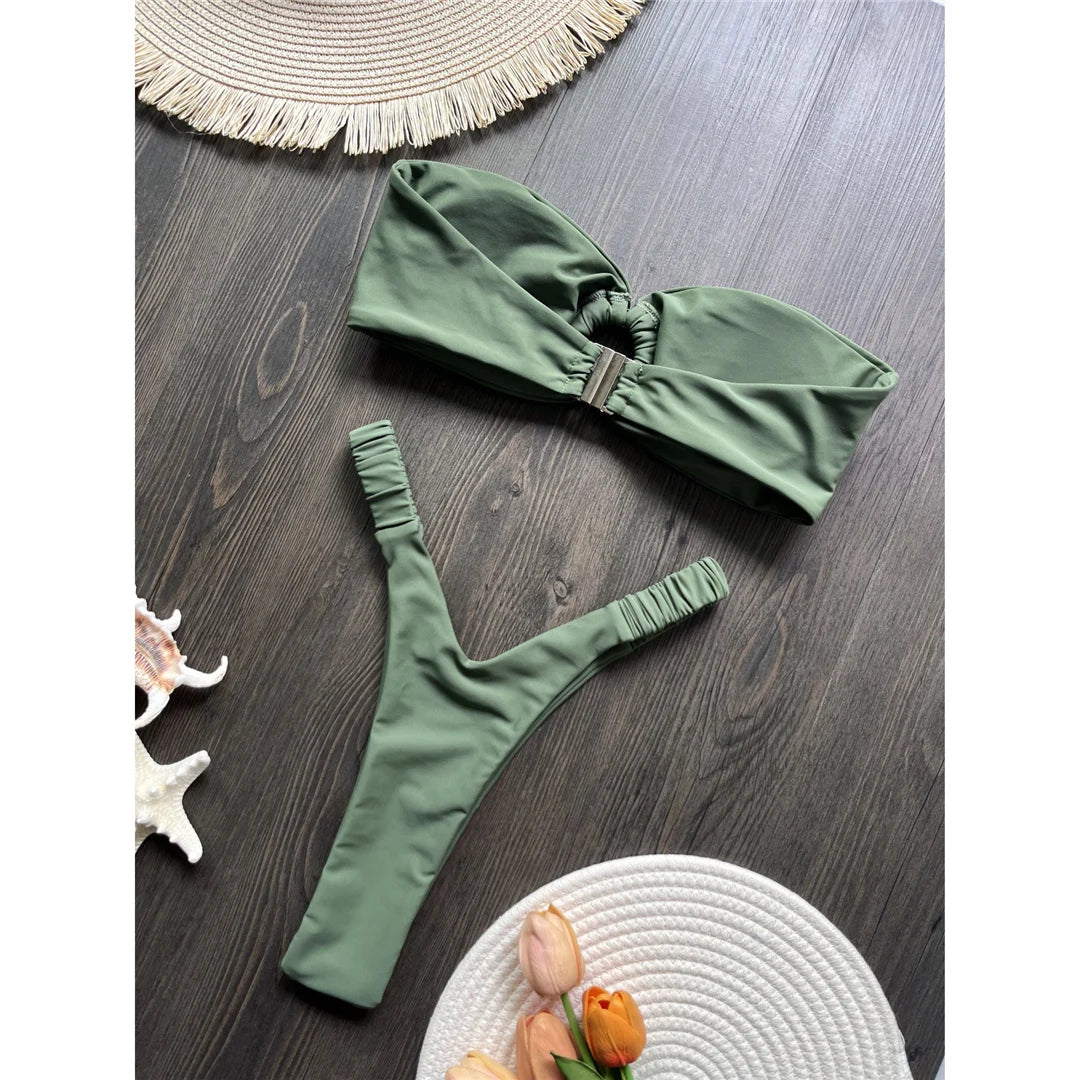 Wrinkled Bandeau High Cut Mini Thong Bikini Female Swimsuit Women Swimwear Two-pieces Bikini set Bather Bathing Suit Swim V6085