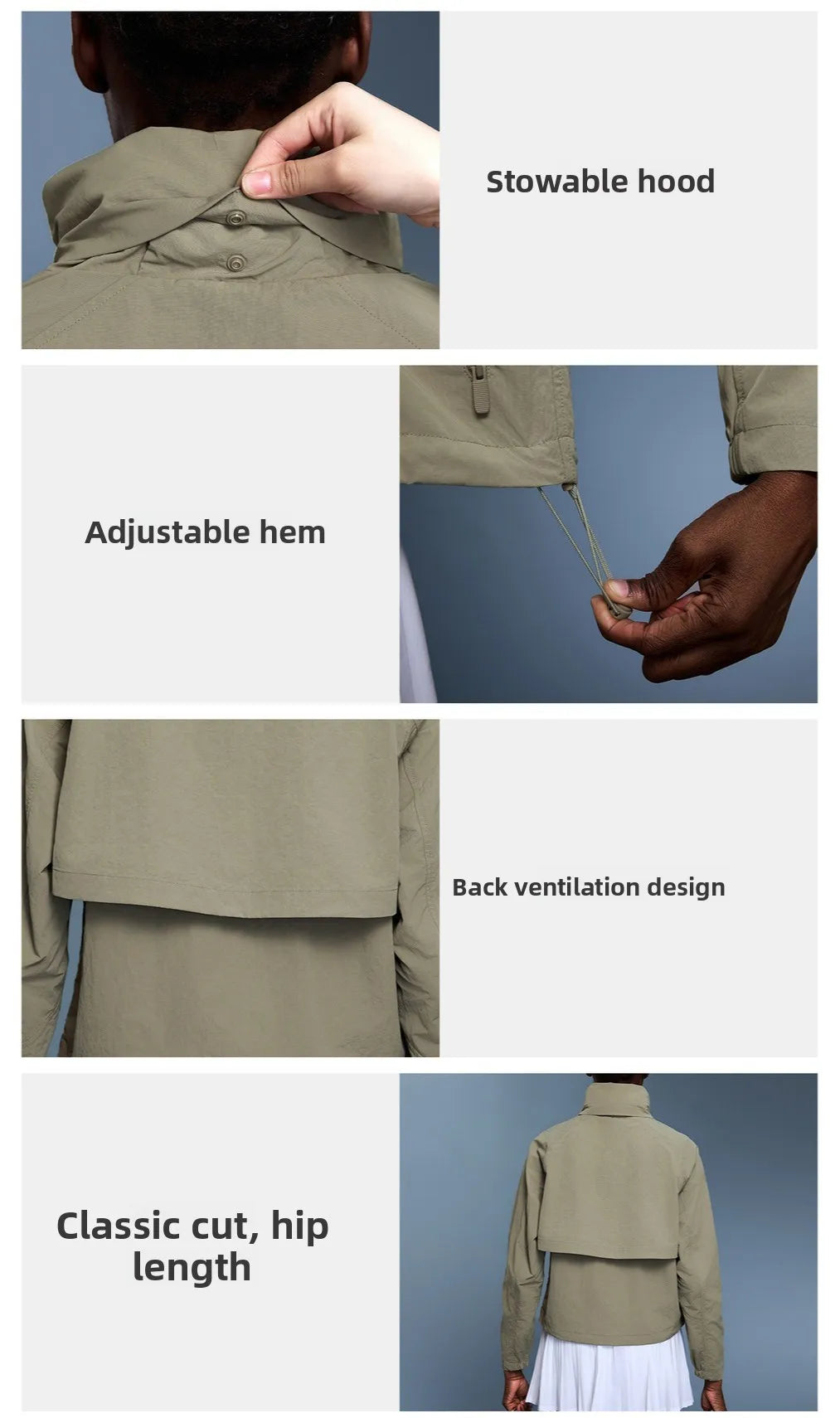 Custom LOGO women's autumn light and breathable waterproof trench coat stand-up collar hooded casual short pocket sports jacket