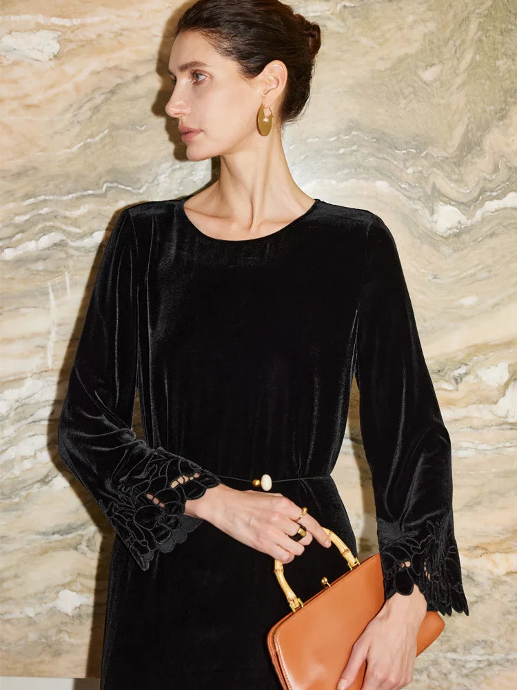 SuyaDream, Women Velvet Dresses, 100%Real Silk, O Neck, Embroidery Black Mid Dress, 2026 Spring Summer Elegant Cloth