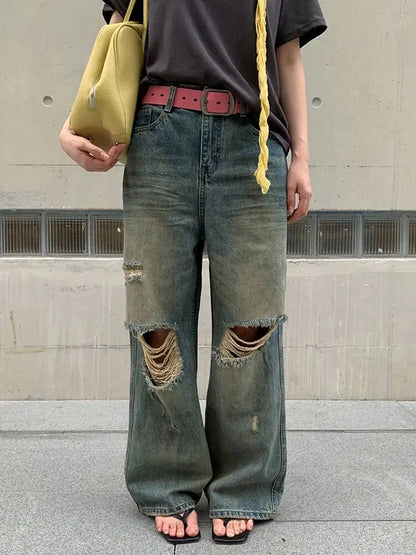 DEAT Fashion Destroyed Straight Leg Jeans Women's High Waist Light Blue Wide Leg Denim Pants Summer New 7A4549