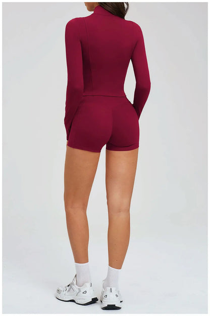 2PCS Yoga Suit Women's Tracksuit Gym Clothing Sportswear Female Workout Long Sleeve Sports Suit High Waist Cycling Shorts Set