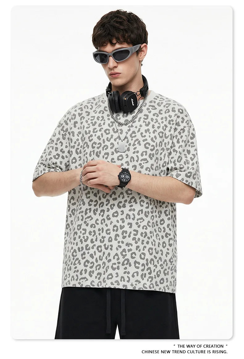 Custom LOGO men's new summer 240G cotton polyester American retro BOXY leopard print short-sleeved T-shirt casual loose top