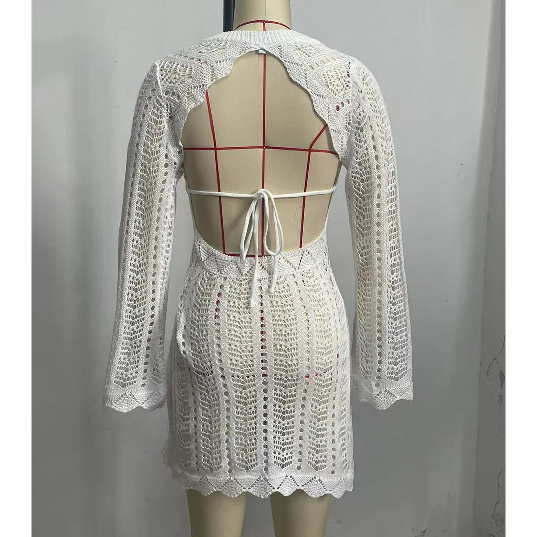 4 Colors Long Sleeve Backless Crochet Knitted Tunic Beach Cover Up Cover-ups Beach Dress Beach Wear Beachwear Female Women V5692