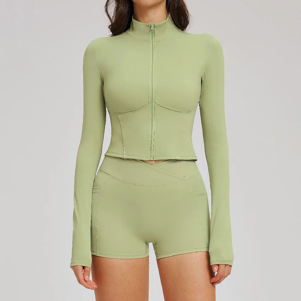 2PCS Yoga Suit Women's Tracksuit Gym Clothing Sportswear Female Workout Long Sleeve Sports Suit High Waist Cycling Shorts Set