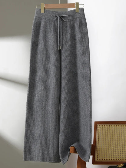 CHICUU Women Thick Wide Leg Pants 100% Merino Wool Knitted Trousers Autumn Winter Striped Jacquard Cashmere Pants Simple Style