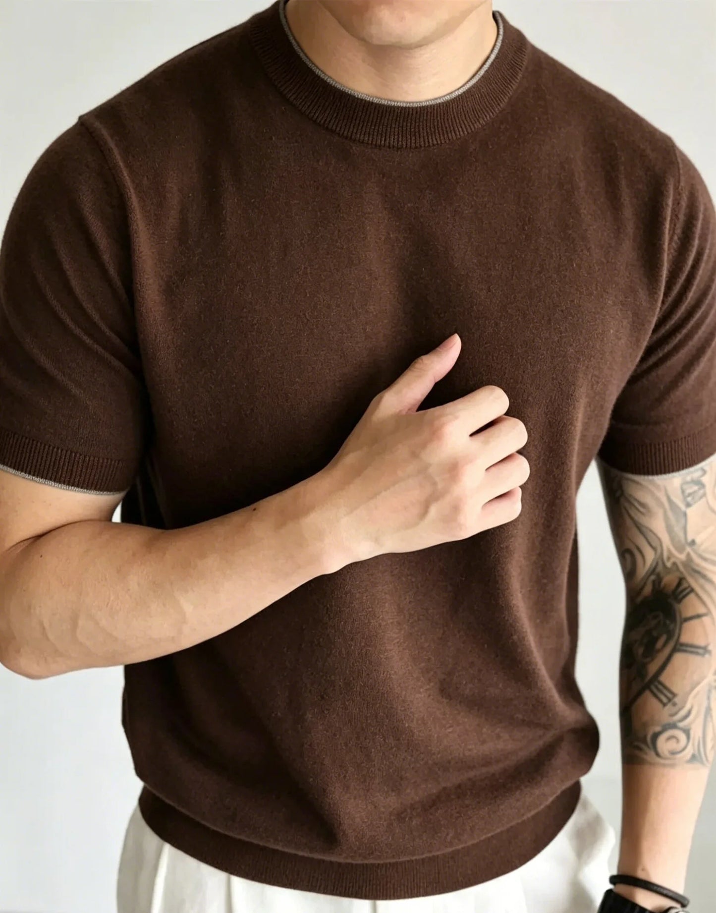 Light Luxury Cashmere Blend Anti Pilling Knitted Short Sleeved Round Neck T-shirt for Men, Retro Casual Business Summer Shirt
