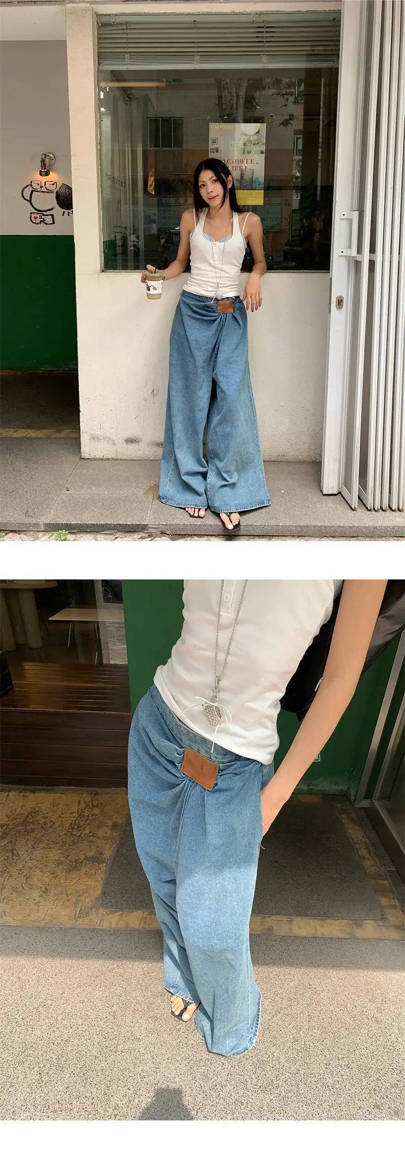 DEAT Fashion Folds Design Sense Jeans Women's High Waist Loose Wide Leg Blue Denim Pants Summer New Tide 7AB9503