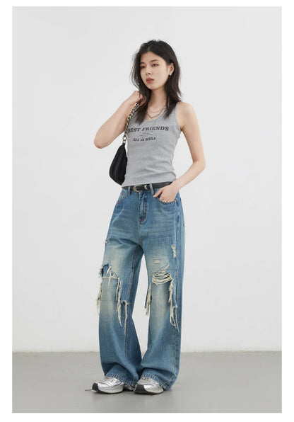 CHIC VEN Women Jeans Loose Casual High Waisted Wide Leg Ripped Rough Edge Denim Pants Female Trousers Spring Autumn 2025