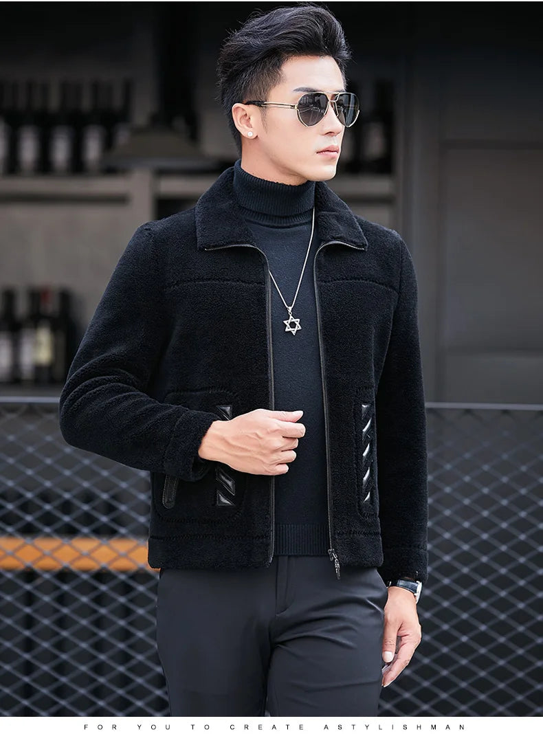 YOLANFAIRY Genuine Leather Men Sheep Sheared Grain Lamb Fur Coat Men Real Woolen Jackets Men's Clothing Mens Fur Jacket Coat