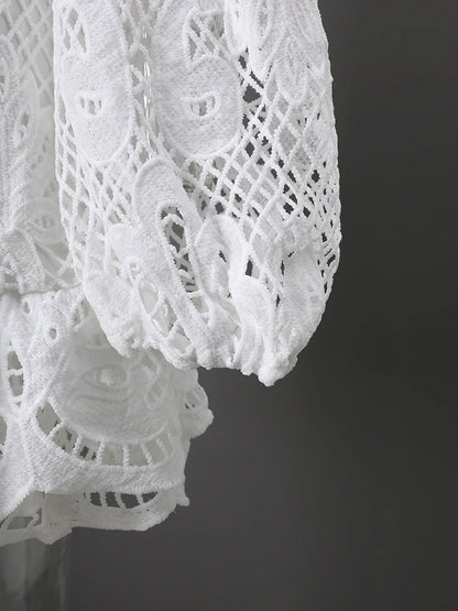 DEAT Fashion White Stand Collar Lantern Long Sleeve Water-soluble Lace Dress A-line Ruffle Hollow Party Mini Dresses Summer New