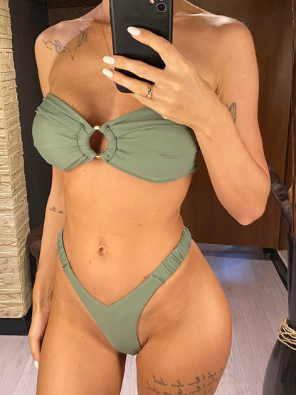 Wrinkled Bandeau High Cut Mini Thong Bikini Female Swimsuit Women Swimwear Two-pieces Bikini set Bather Bathing Suit Swim V6085