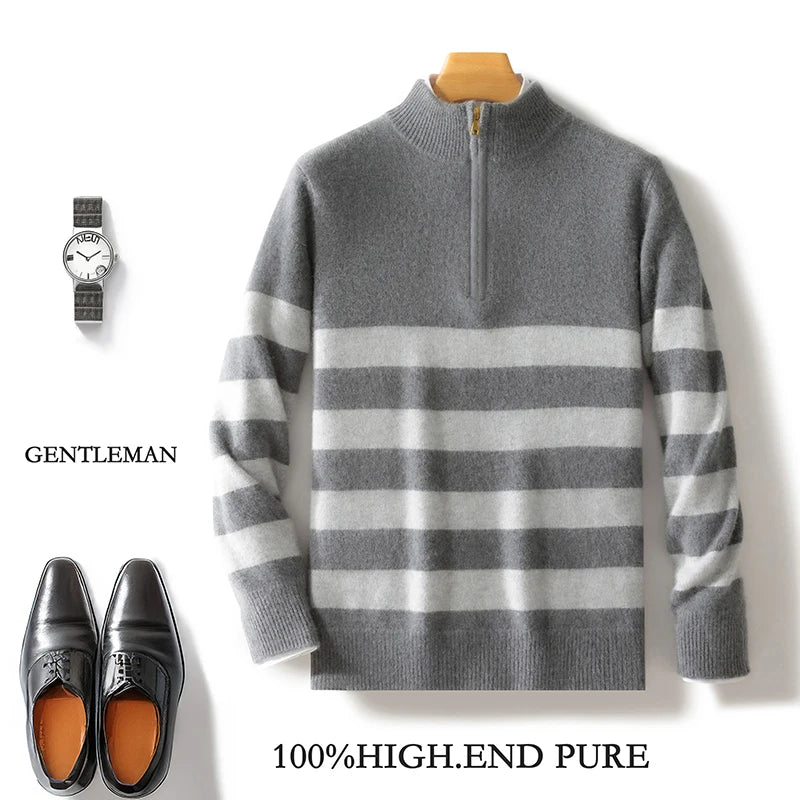 Men's 100% Merino Wool Sweater Half-high Collar Half Zip Thick Pullover Autumn Winter Cashmere Stripe Knitwear Long Sleeved Tops