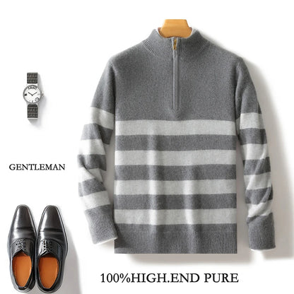 Men's 100% Merino Wool Sweater Half-high Collar Half Zip Thick Pullover Autumn Winter Cashmere Stripe Knitwear Long Sleeved Tops