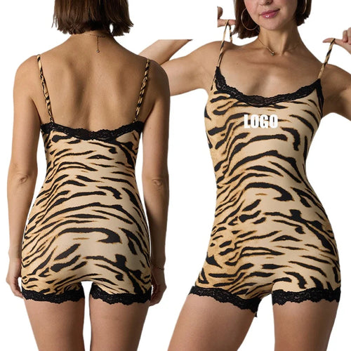 Custom LOGO women's European and American leopard print onesie lace suspender knitted boxer jumpsuit