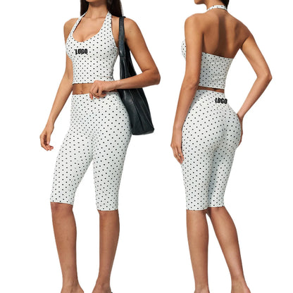 Custom LOGO women's new yoga clothes polka dot printing deep V high elastic three-dimensional fitness two-piece set