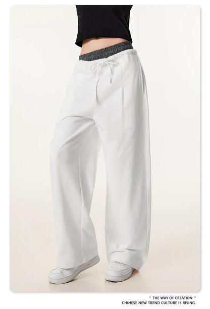 Custom LOGO Men's 2025 Summer 280G American Neutral Wind Splicing Double Waist Wide Leg Pants Sports Straight Couple Sweatpants