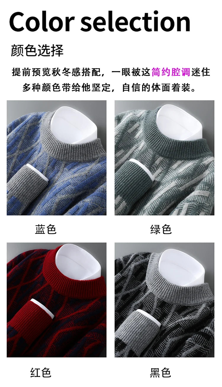 New 100% Pure Wool Cashmere Men's Mock-Neck Pullover Autumn And Winter Color Matching Top Casual Thick Fashion Large Size Jacket
