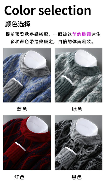 New 100% Pure Wool Cashmere Men's Mock-Neck Pullover Autumn And Winter Color Matching Top Casual Thick Fashion Large Size Jacket