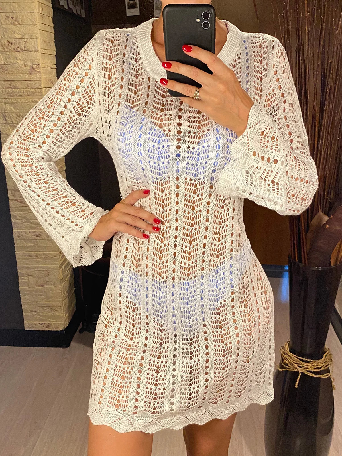 4 Colors Long Sleeve Backless Crochet Knitted Tunic Beach Cover Up Cover-ups Beach Dress Beach Wear Beachwear Female Women V5692