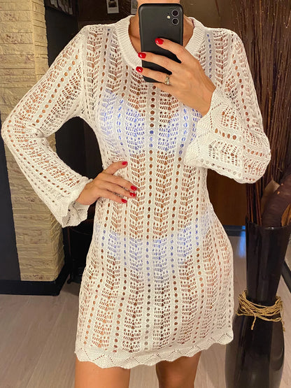 4 Colors Long Sleeve Backless Crochet Knitted Tunic Beach Cover Up Cover-ups Beach Dress Beach Wear Beachwear Female Women V5692