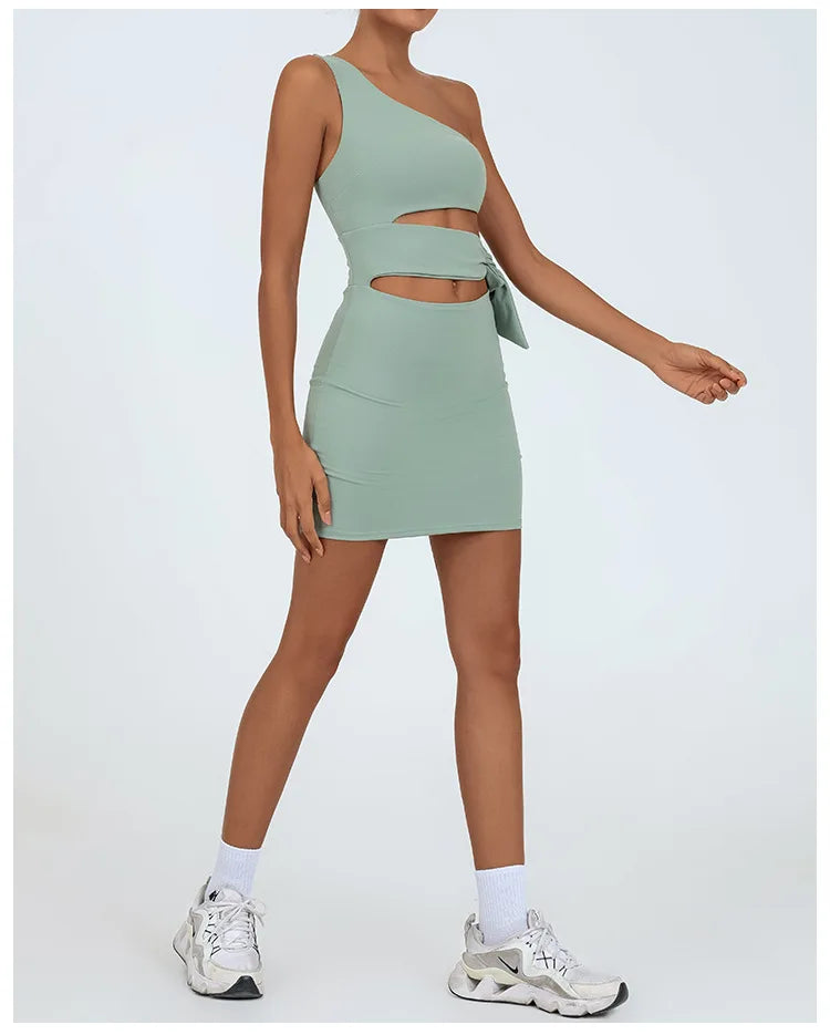 Tennis Dress Women Golf One Shoulder Hollow Out Bandage Slim Fit Fitness Tennis Short Skrit Badminton Dress One-Pieces Yoga Set