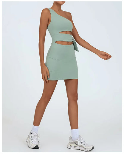 Tennis Dress Women Golf One Shoulder Hollow Out Bandage Slim Fit Fitness Tennis Short Skrit Badminton Dress One-Pieces Yoga Set