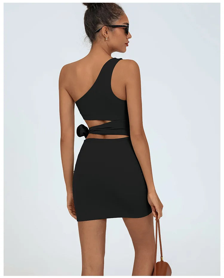 Tennis Dress Women Golf One Shoulder Hollow Out Bandage Slim Fit Fitness Tennis Short Skrit Badminton Dress One-Pieces Yoga Set