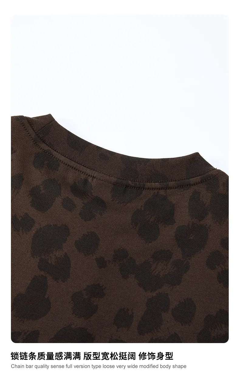 Custom LOGO men's new summer 240G cotton polyester American retro BOXY leopard print short-sleeved T-shirt casual loose top