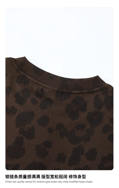 Custom LOGO men's new summer 240G cotton polyester American retro BOXY leopard print short-sleeved T-shirt casual loose top