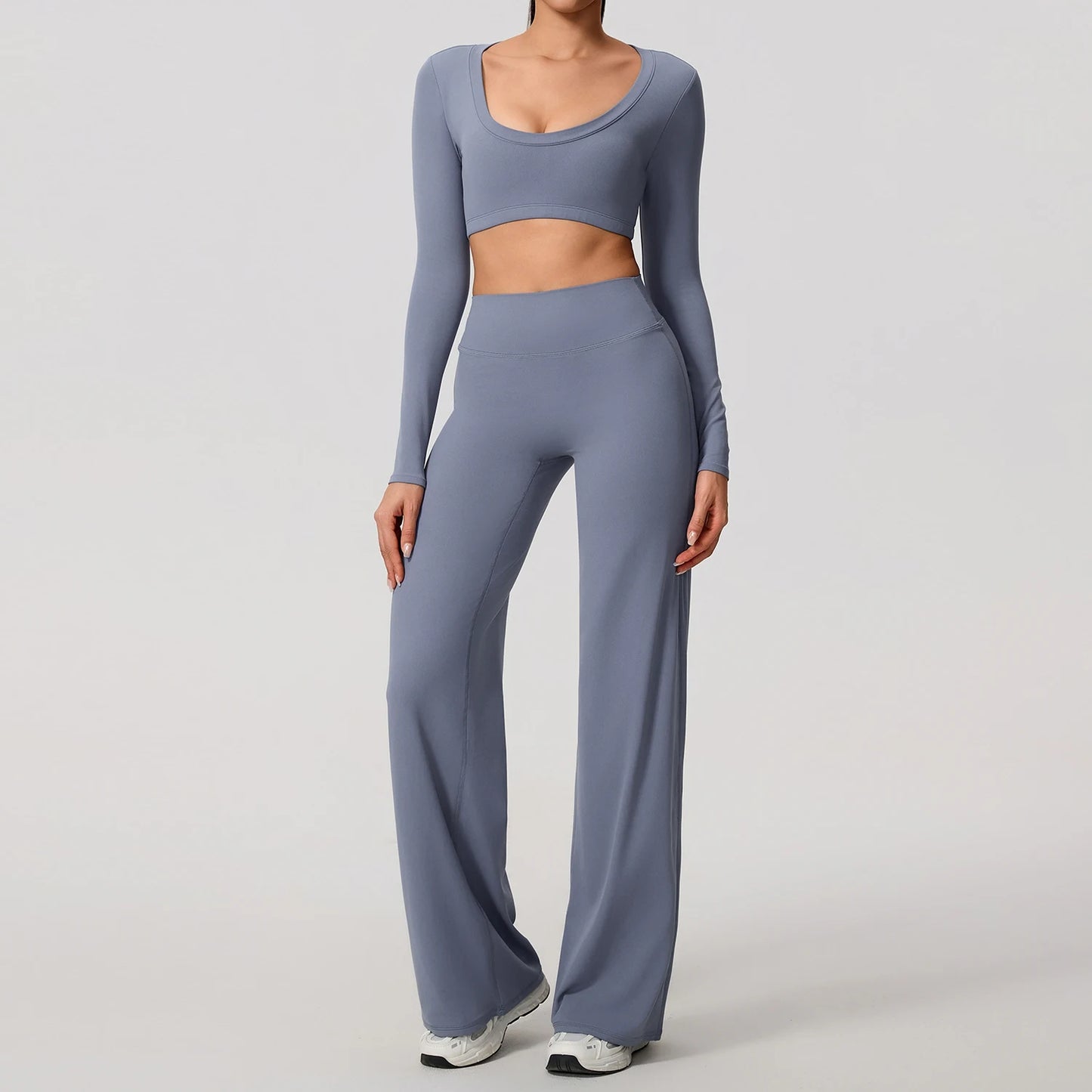 Hearuisavy Sports Set 2Pcs Women's  Long Sleeve Backless Fitted Fitness Top Push Up Pilates Yoga Top Wide Leg Straight Leg Pants