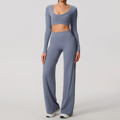 Hearuisavy Sports Set 2Pcs Women's  Long Sleeve Backless Fitted Fitness Top Push Up Pilates Yoga Top Wide Leg Straight Leg Pants