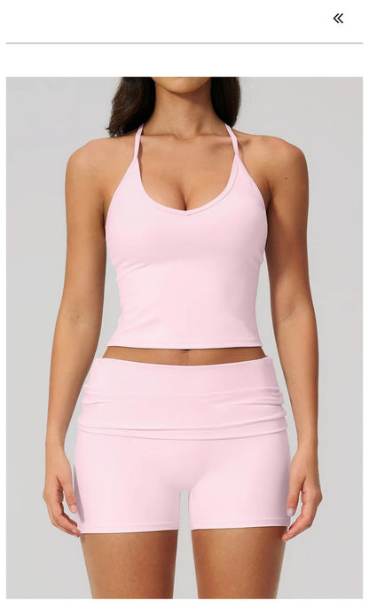 TRY TO BN Two Pieces Women's Tracksuit Vest Sling Top Set Fold-over Waist Yoga Shorts Hip Lifting Running Fitness Gym Activewear
