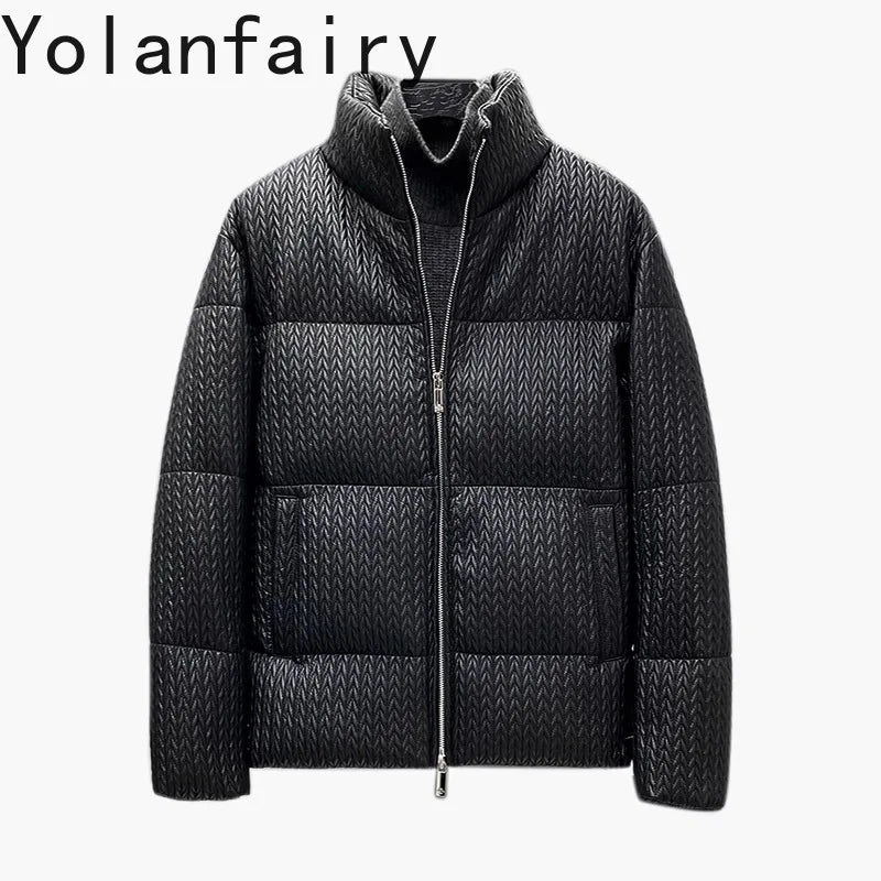 YOLANFAIRY Luxury Top Layer Sheepskin Leather Jackets for Man 2025 Winter Fashion White Goose Down Coat Warm Black Puffer Jacket